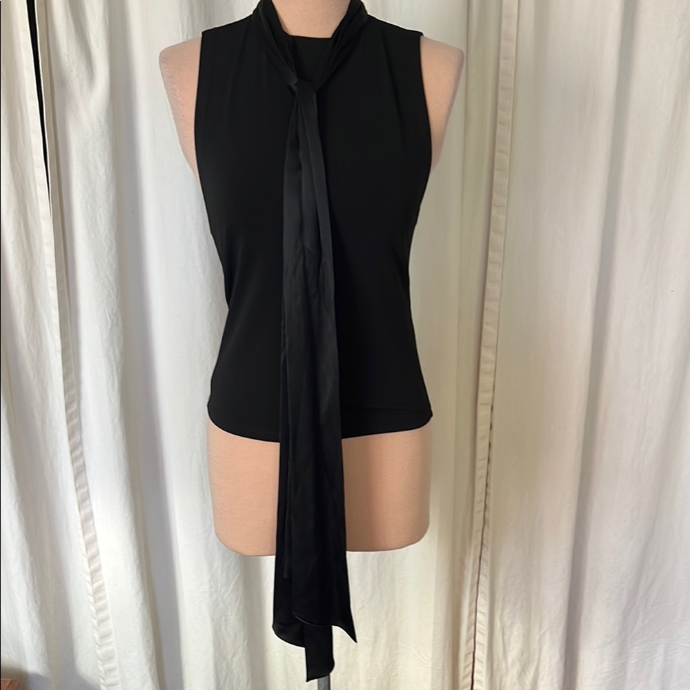 Alice + Olivia Black Fitted Sleeveless Tank Top with satin tie/ bow